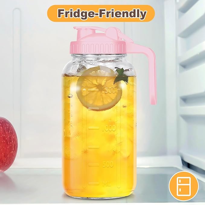 Mason Jar Pitcher, 64 OZ Breast Milk Pitcher Double Leak Proof with Pour Spout Handle, Wide Mouth Iced Tea Pitcher for Fridge, Creamer Container for Coffee, Sun Tea juice (Pink,3 Pack)
