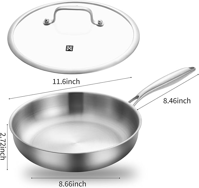 GOLDEN KEY Tri-Ply Stainless Steel Frying Pan with Lid,12 inch Skillets and Frying Pans,Stainless Steel Cookware Oven Safe 600F, Fast & Even Heat,Compatible with All Cooktops,Dishwasher Safe