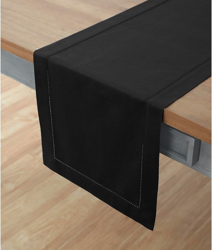 Solino Home Cotton Linen Black Table Runner 120 Inches Long - Hemstitch 14 x 120 Inch Table Runner for Summer, Fall, Autumn, Halloween