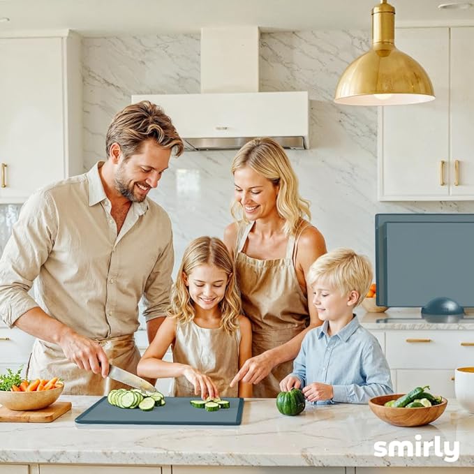 SMIRLY Plastic Cutting Board Set with Holder 4 Pieces, Non-Slip Dishwasher Safe Chopping Boards for Kitchen, Blue