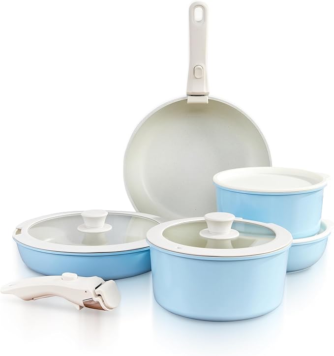 GOURMETIFIC® Pots and Pans Cookware Set [11 PIECES] - Non Toxic Ceramic Coated Cooking Ware - Induction, Gas & Oven Kitchenware - Non Stick Pot & Pan with Removable Handles & Stackable (Sky Blue)