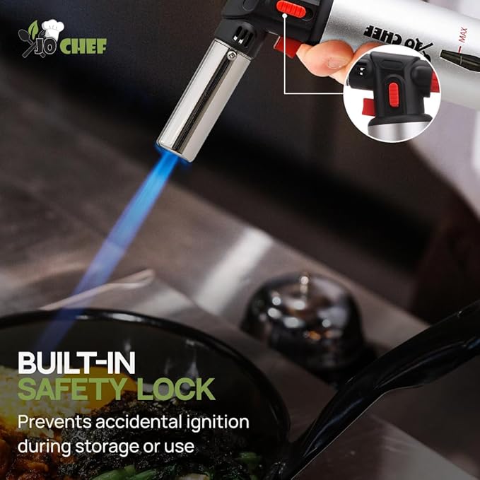 Jo Chef Kitchen Torch With Butane included, Refillable Butane Torch, Creme Brulee Torch, Blow Torch Lighter gun With Safety Lock & Adjustable Flame, 3 Cans (3.38oz) Included