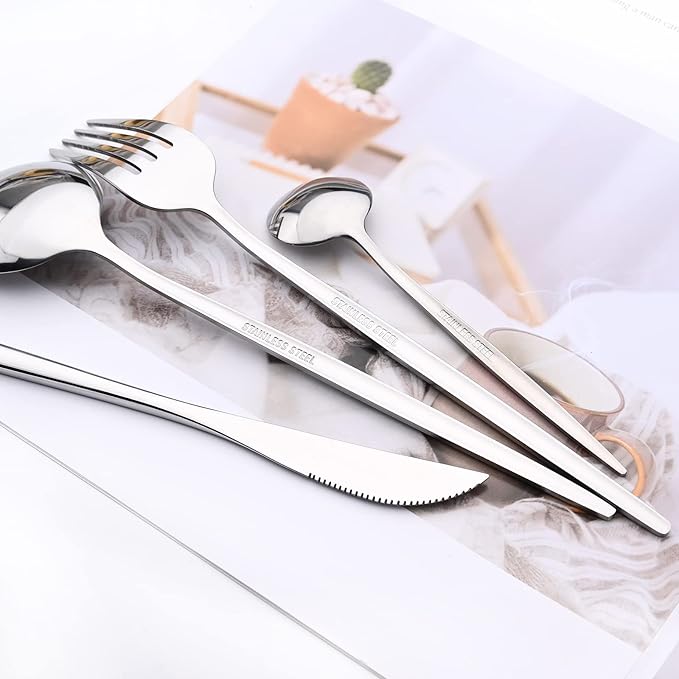 24-Piece Mirror Silver Cutlery Set, Snplowum Stainless Steel Flatware Hanging Tableware Silverware Set Include Knife/Fork/Spoon/Teaspoon and Storage Rack For Daily Use, Service For 6