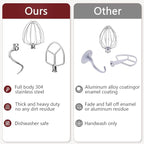 Stainless Steel Attachments 3-Piece for KitchenAid 5.5-6 QT Bowl-Lift Stand Mixer and Mixing Bowl,Includes Wire Whisk, Flat Beater, Dough Hook,Dishwasher Safe and Heavy Duty