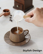 Espresso Cups Set, 4 Oz Porcelain Coffee Cups with Saucer and Metal Stand Small Cappuccino Cups Set of 6 Demitasse Cups for Espresso, Latte, Cafe Mocha, Cappuccino, and Tea, Brown