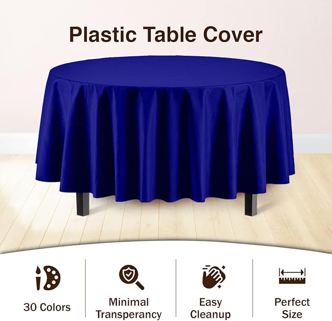 Exquisite Party Solids 12-Pack Premium Plastic Tablecloth 84in. Round Table Cover - Navy Blue