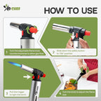 Jo Chef Kitchen Torch with Butane Included – Refillable Lighter with Safety Lock & Adjustable Flame, Blow Culinary Torch for Cooking, BBQ, Creme Brulee, DIY and Soldering - 1 Can (3.38oz) Included