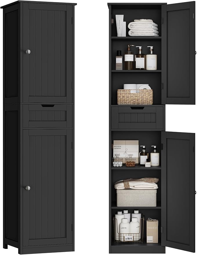 67" H Tall Storage Cabinet with 2 Doors and 1 Drawer, Narrow Black Cabinet with Adjustable Shelves, for Bathroom, Living Room, Entryway, Kitchen, Black