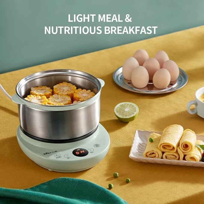 Bar Electric Small Food Steamer 2 Tier, Egg Cooker with Steaming & Frying, Stainless Steel Vegetable Steamer for Cooking, Anti-dry Burn Protection, 9.5h Preset, 360W, ZDQ-B14Y5