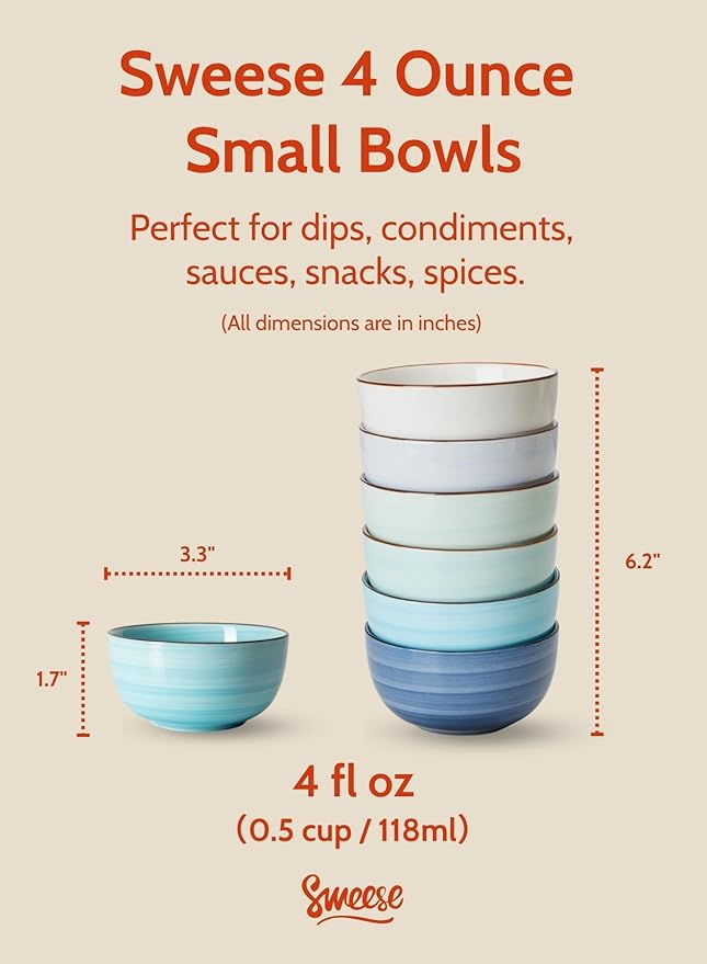 Sweese 4 Oz Porcelain Bowls Set - 6 Pack Mini Dipping Dessert Bowls, Microwave Dishwasher Safe, Multicolor