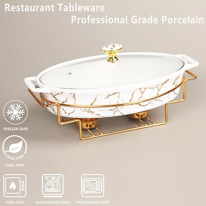 12" x 8" Ceramic Casserole Baking Dish With Glass Cover and with Golden Rack, Lasagna Pan Deep for Oven, 1.7 Quarts Baking Pan with Handles, Oven Safe & Durable Bakeware for Home Decor