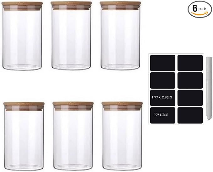 Glass Jars with Bamboo Lids 22OZ [Set of 6], Glass Canisters with Airtight Lids, Glass Food Storage Containers for Coffee, Sugar,Tea, Candies, Cookies,Best for Kitchen & Pantry