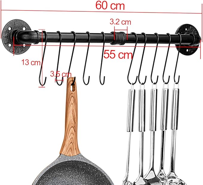 Toplife 23.7 inch Pot Rack, Kitchen Wall Mounted Detachable Pan Lid Utensils Organizer Hanging Rail with 10 Hooks, Black