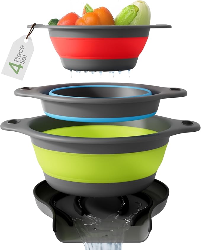 Collapsible Colanders with Self-Draining Base for Edge of Sink, Food Strainers (Small/Med/Large), Nested Design for Easy Storage (Red, Blue, Green) (4PC Set)