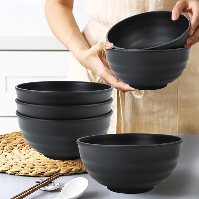 Wheat Straw Bowls Unbreakable Large Salad Bowls 60 OZ Set of 6, Microwave and Dishwasher Safe Large Plastic Bowl, Big Bowl for Eating, Serving Soup, Ramen, Popcorn (Black)