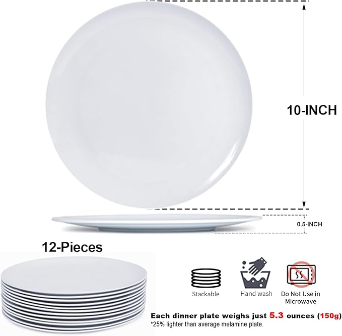 White Melamine Dinner Plates,12pcs Dishes Set,10inch Lightweight Round Plastic Plates,Scratch Resistant Unbreakable Serving Dishes,White