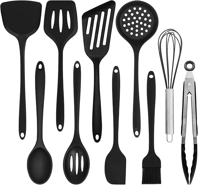 Silicone Kitchen Utensils Set, 446°F Heat Resistant Cooking Utensils Set with Slotted Turner, Tongs, Whisk, Spoons, Spatulas, Brush, Kitchen Gadgets Sets for Nonstick Cookware, Black