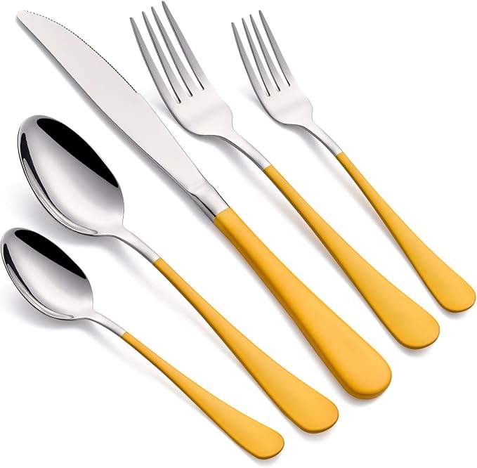 20-Piece Yellow Silverware Set 18/0 Stainless Steel Silverware Set Yellow Handle Cutlery Set Service for 4 Dinner Knives Forks Spoons Set Flatware Set Finish Dishwasher Safe