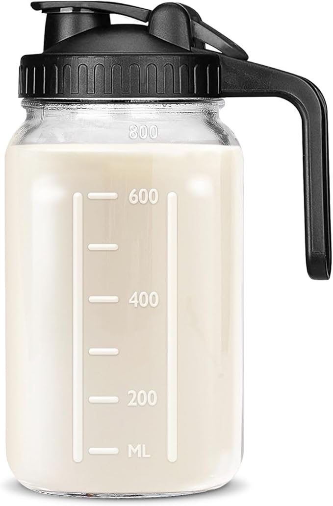 32 OZ Mason Jars with Lid, Glass Pitcher Double Leak Proof with Pour Spout Handle, 2 Quart Wide Mouth Breast Milk Pitcher for Fridge, Creamer Container for Coffee, Sun Tea(Black,1 Pack)