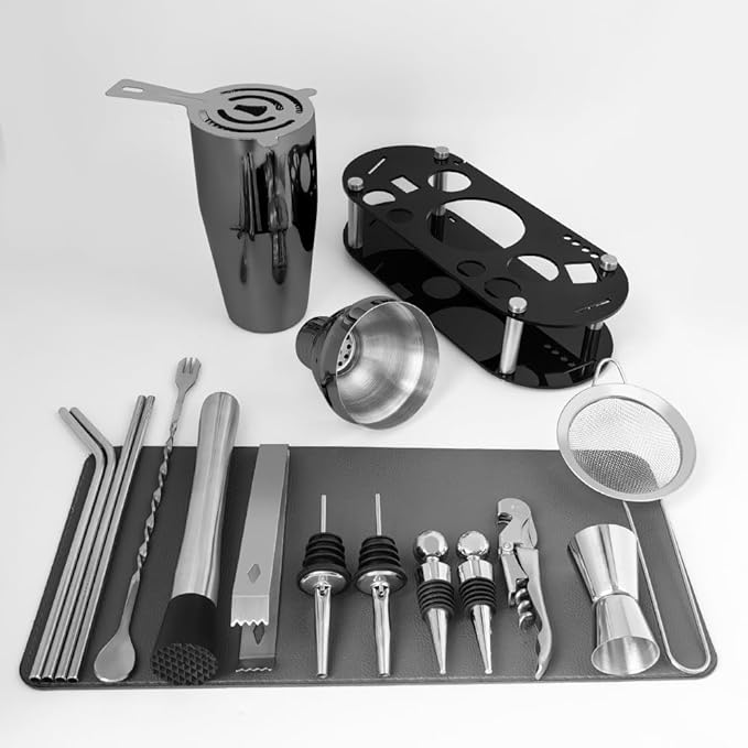 Cocktail Shaker Set Bartender Kit with Stand - 16 Piece Bar Tool Set Drink Mixer Set Includes : Shakers, Jigger, Strainer, Mixer Spoon, Muddler, Liquor Pourers, Straw (Black)