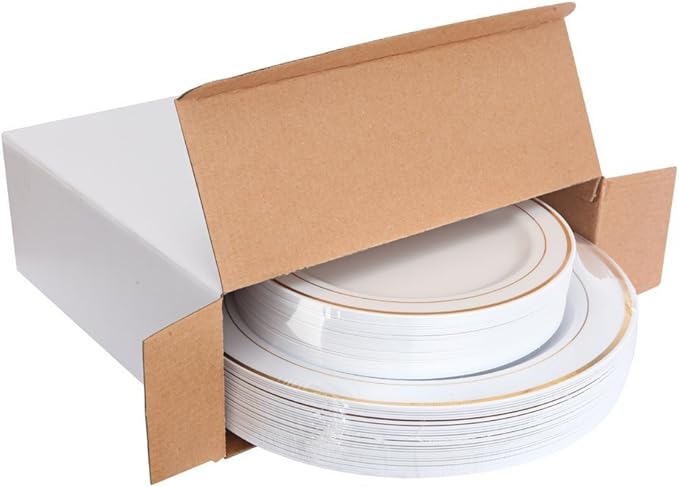 WDF 60PCS White Gold Plates Disposable - Gold Plastic Plates, Including 30-10.25inch Gold Dinner and 30-7.5inch Salad/Dessert for Thanksgiving