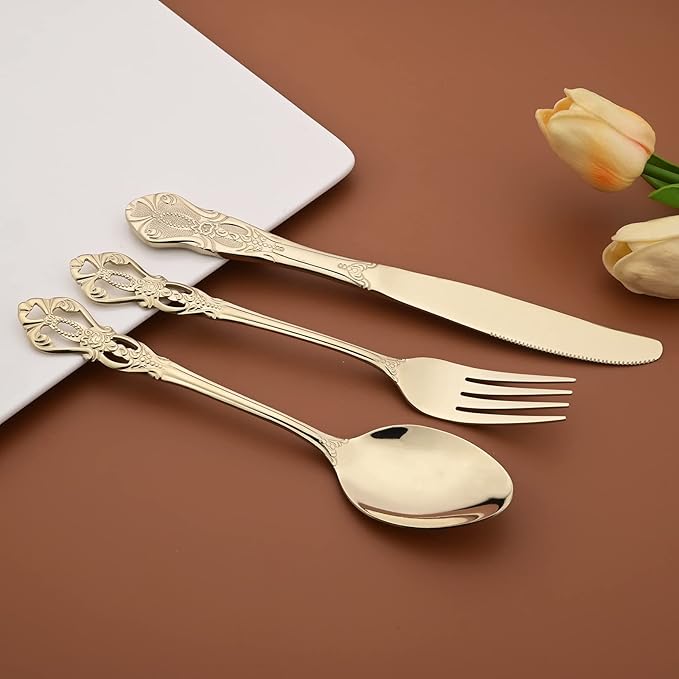 Royal 24-piece Mirror Champagne Gold Silverware Dinnerware, 18/10 Stainless Steel Luxury Flatware Service For 6 Include Knives/Forks/Spoons/Teaspoons, Dishwasher Safe