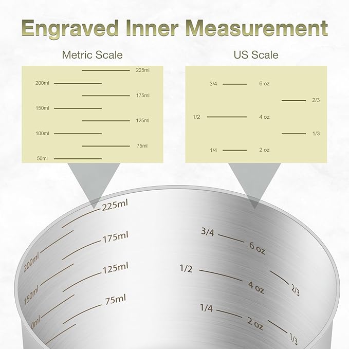 2PCS 1Cup (240ml, 8oz) Single Measuring Cup, Etched Inner Scale Stainless Steel Measure Scoop, Metric and US Measurement, Dishwasher Safe