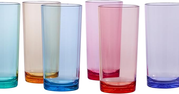 US Acrylic Classic Plastic Reusable Drinking Glasses (Set of 6) 24oz Iced Tea Cups Assorted Colors | BPA-Free Tumblers, Made in USA | Top-Rack Dishwasher Safe