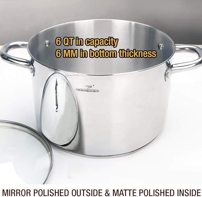 HOMICHEF Stock Pot 6 Quart Nickel Free Stainless Steel - 6 Qt Soup Pot With Lid and Handle - Small Cooking Pot 6 Quart - Ideal for Soup, Sauce, and Induction Cooking