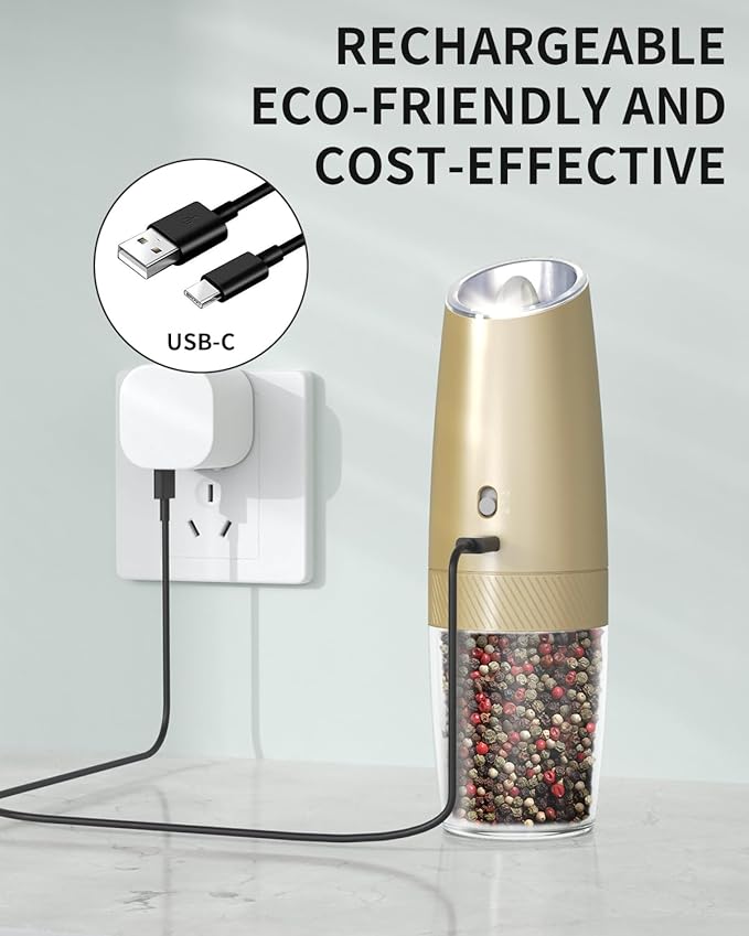 CIRCLE JOY 2-Speed Gravity Electric Pepper Grinder, Rechargeable Salt Grinder Pepper Mills, Adjustable Coarseness, White LED Light, 135ML Large Capacity, Gold
