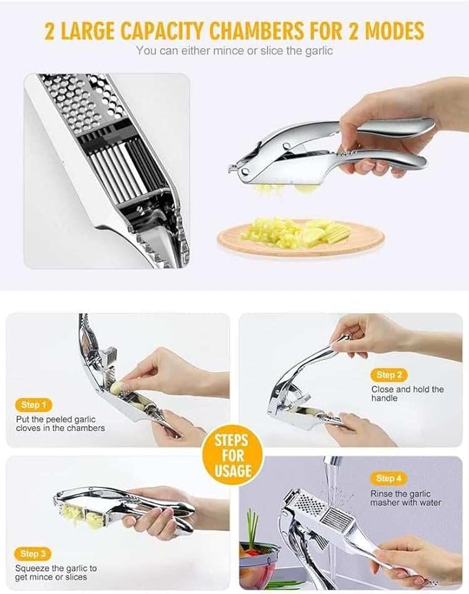 3-in-1 Stainless Steel Garlic Press & Peeler Machine - Professional Garlic Mincer, Crusher, and Chopper with Silicone Peeler & Brush - Essential Kitchen Gadget for Perfectly Minced Garlic