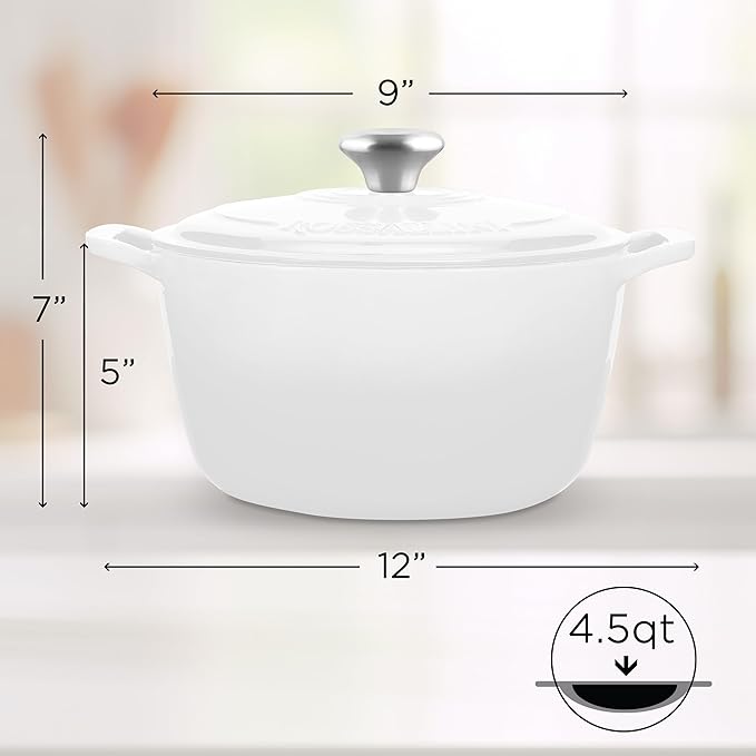 Signature Enameled Cast Iron Dutch Oven, Non-Stick Serving Pot with Tight Fitting Lid for Perfect Roasting, Baking, Sauteing, and Bread Making | 4.5Q (4.2L) - White