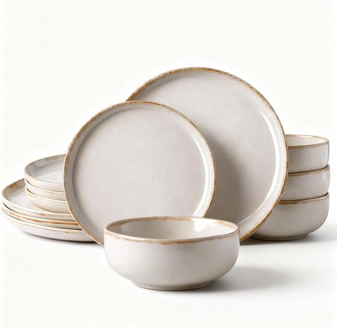 AmorArc Ceramic Dinnerware Sets, Wavy Rim Stoneware Plates and Bowls Sets, Highly Chip and Crack Resistant | Dishwasher & Microwave Dishes set, Service for 4 (12pc)-Speckled Cappuccino White