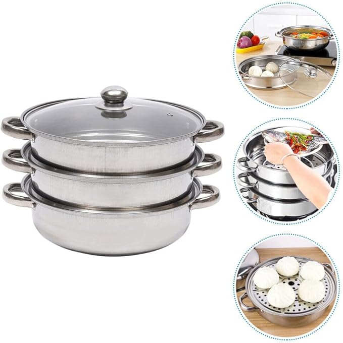 3 Tier Steamer Pot with Glass Lid - 30 cm Stainless Steel Steamer Pot Set Kitchen Cookware Tool Food Veg Cooker for Cooking Vegetables, Seafood, Soups, Stews and Pasta