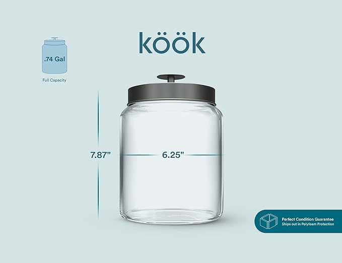 KooK Glass Kitchen Canister Set, Food & Storage Containers for Pantry, Bathroom Apothecary Jars, Tinplate Lids, Counter Organizers, 0.74 Gallon, Black, Set of 2