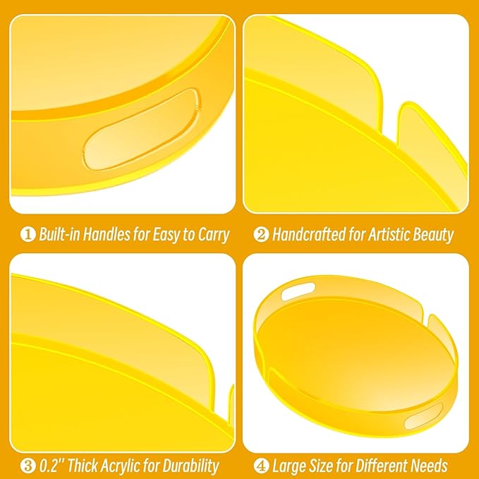 Acrylic Serving Tray with Handles Large Decorative Ottoman Tray 17x13'' Round for Bathroom Food Coffee Fruit Snack Tea Dinner Living Room, Neon Yellow