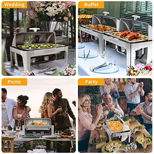 ROVSUN 9Qt 3 Packs Roll Top Chafing Dish Buffet Set, Stainless Steel Chafers for Catering, Rectangular Buffet Servers and Warmers Set with Glass Window for Parties, Banquet, Wedding, Full Size