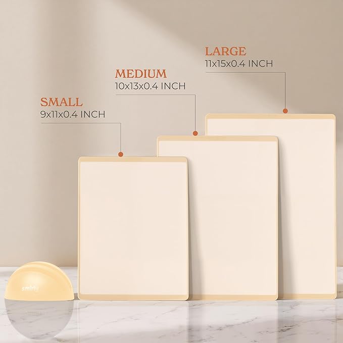 SMIRLY Plastic Cutting Board Set with Holder 3 Pieces, Non-Slip Dishwasher Safe Chopping Boards for Kitchen, Cream White