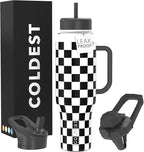 Coldest Tumbler with Handle and Straw, 100% Leak Proof Insulated Tumbler with Lid and Straw (3 Lids), Stainless Steel Tumblers for Women & Men, Cup Holder Friendly, 46 oz (Black Checkers)