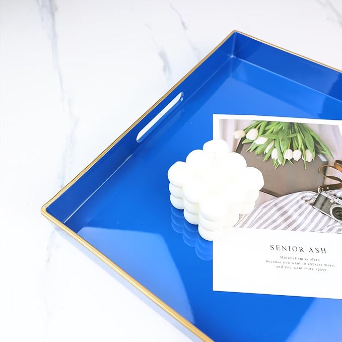 Spsyrine Blue Decorative Tray for Living Room, Square Modern Plastic Coffee Serving Table Tray for Ottoman Bathroom Kitchen,13"*13"