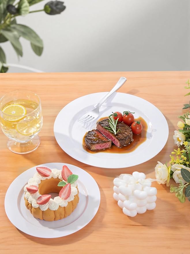 WDF 200pcs White Plastic Plates Disposable - Heavy Duty Plastic Plates for Party - Include 100 x 10" Dinner Plate and 100 x 7" Dessert/Cake Plate - Ideal for Weddings/Parties/Events