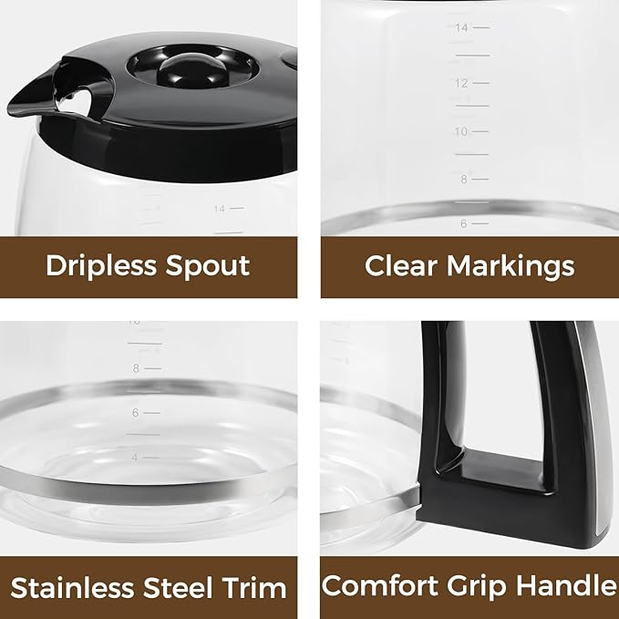 14 Cup Carafe Replacement Compatible with Cuisinart, Coffee Pot Replacement 14 Cup for DCC-3200, DCC-3200P1, DCC-2200, DCC-2600, DCC-2800, Heat-Resistant, Easy-Pour Spout