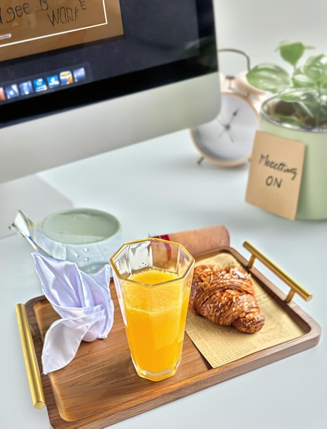 Bamboo Serving Tray with Gold Handles - Large Wood Serving Tray for Breakfast in Bed, Coffee Table, Dinner & bar - Decorative Bed Table Tray for Kitchen or Bedroom（14" x 9.5" x 2"）