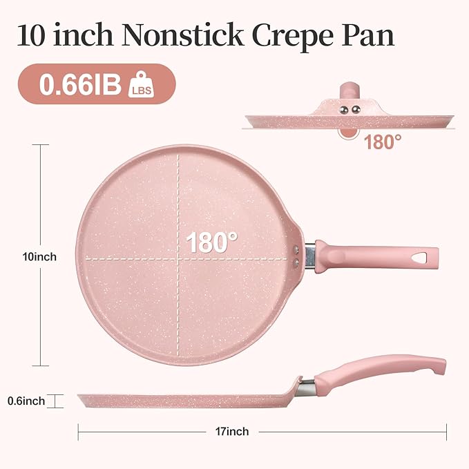 Nonstick Crepe Pan, Granite Coating Flat Skillet Dosa Tawa Tortilla Pan, 10 inch Pink Pancake Griddle Roti Pan With Stay-Cool Handle, Induction Compatible, PFOA Free