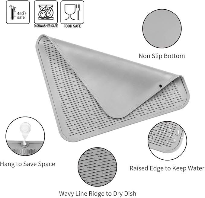 Silicone Dish Drying Mat for Multiple Usage,Easy clean,Eco-friendly,Heat-resistant Silicone Mat for Kitchen Counter or Sink,Refrigerator or Drawer Liner Grey 2XL 24 inches x 18 inches