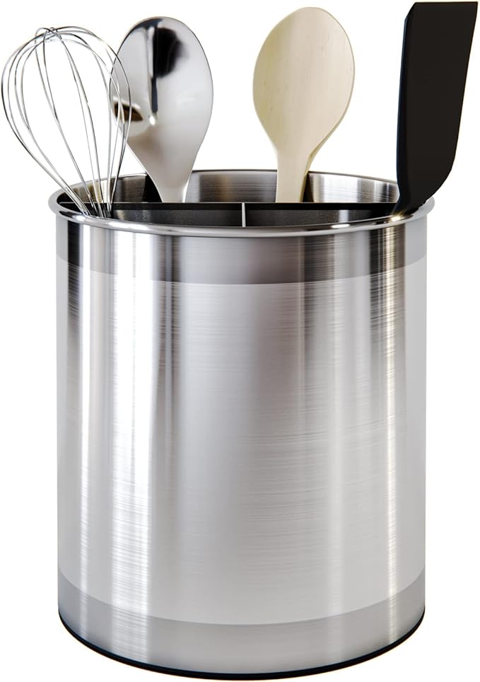 Cooler Kitchen Rotating Extra Large Stainless Steel Utensil Holder Caddy with Sturdy No-Tip Weighted Base, Removable Divider, and Gripped Insert Bottom -Dishwasher Safe Metal Cooking Utensil Holder…