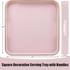 Pink Square Decorative Tray with Handles, 13"*13" Versatile Serving Tray for Coffee Table, Ottoman, Ideal for Serving, Displaying, Organizing