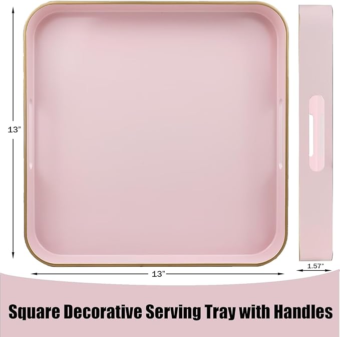 Pink Square Decorative Tray with Handles, 13"*13" Versatile Serving Tray for Coffee Table, Ottoman, Ideal for Serving, Displaying, Organizing