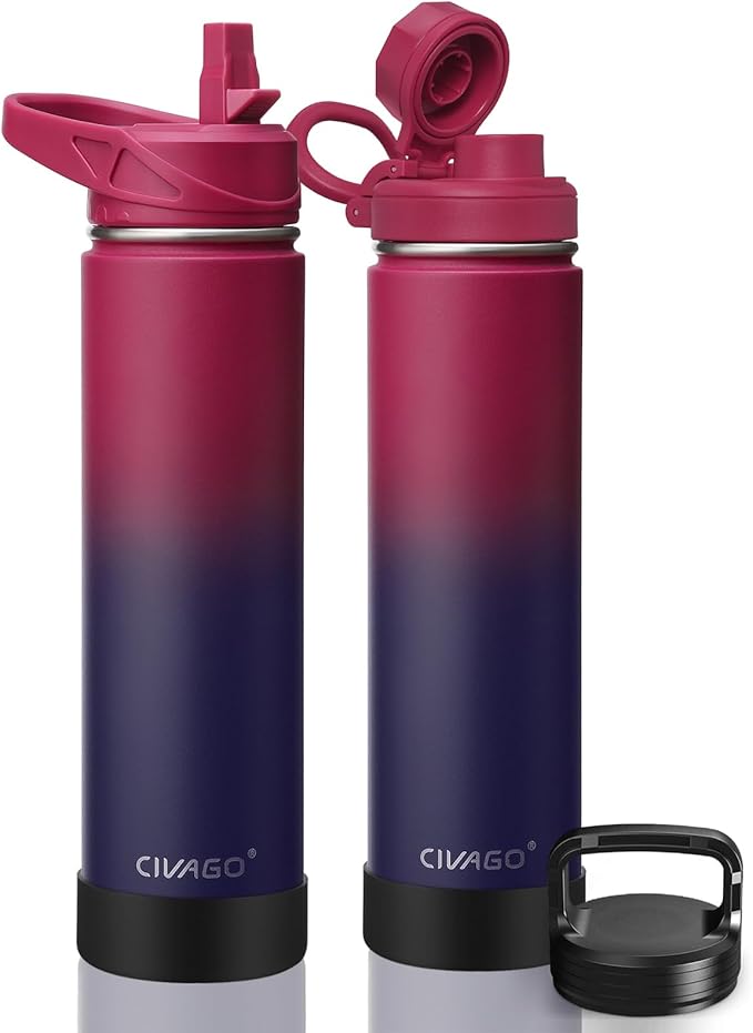 CIVAGO 24 oz Insulated Water Bottle With Straw, Stainless Steel Sports Water Flask Cup with 3 Lids (Straw, Spout and Handle Lid), Double Walled Travel Thermal Canteen Mug, Dark Rainbow