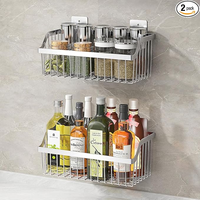 SUS304 Stainless Steel Wire Basket, Hanging Wall Organizer Cabinet Storage Basket, Wall Mounted Shelves for Home Kitchen Bathroom, 2-Pack